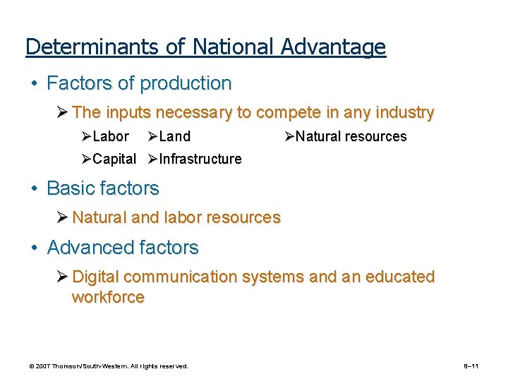 Determinants of National Advantage • Factors of production The inputs necessary to compete in