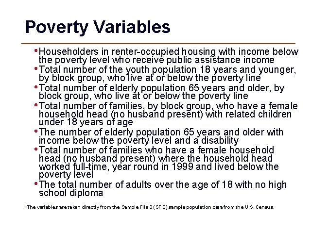 Poverty Variables • Householders in renter-occupied housing with income below the poverty level who