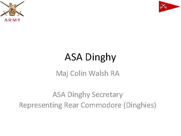 ASA Dinghy Maj Colin Walsh RA ASA Dinghy Secretary Representing Rear Commodore (Dinghies) 