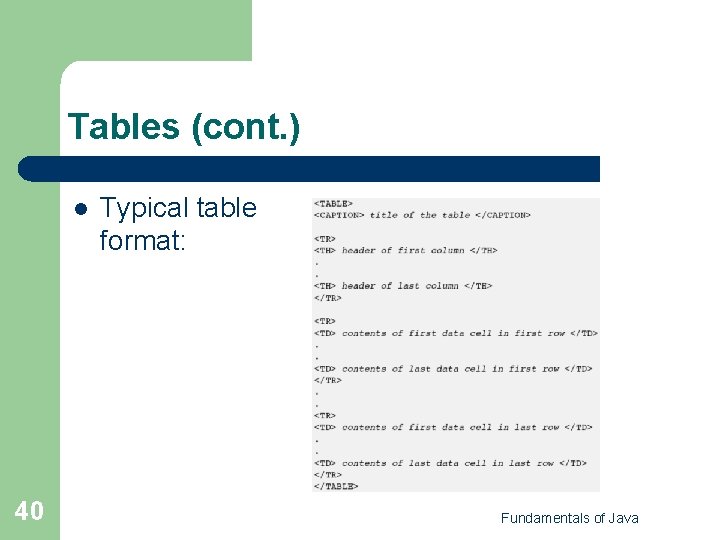 Tables (cont. ) l 40 Typical table format: Fundamentals of Java 