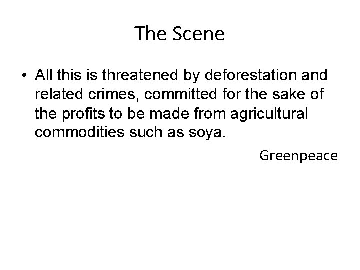 The Scene • All this is threatened by deforestation and related crimes, committed for