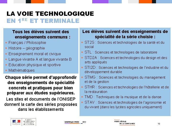 LA VOIE TECHNOLOGIQUE EN 1 RE ET TERMINALE Tous les élèves suivent des enseignements