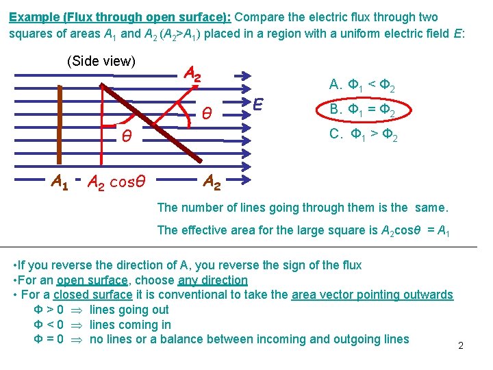 Example (Flux through open surface): Compare the electric flux through two squares of areas