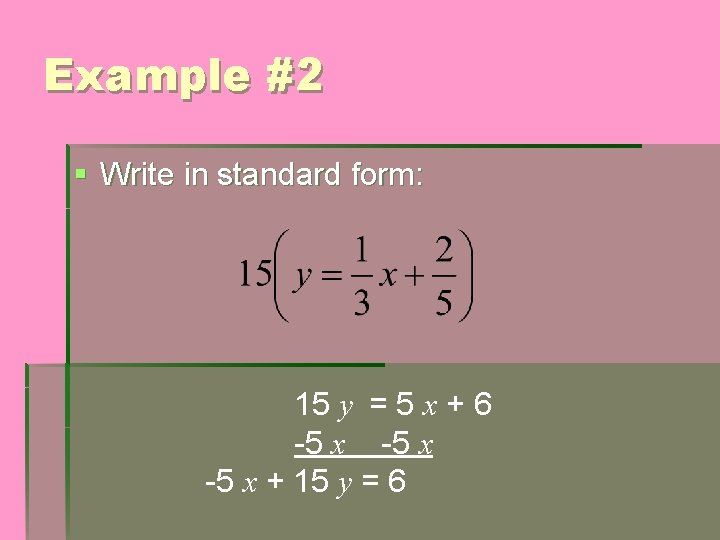 Example #2 § Write in standard form: 15 y = 5 x + 6