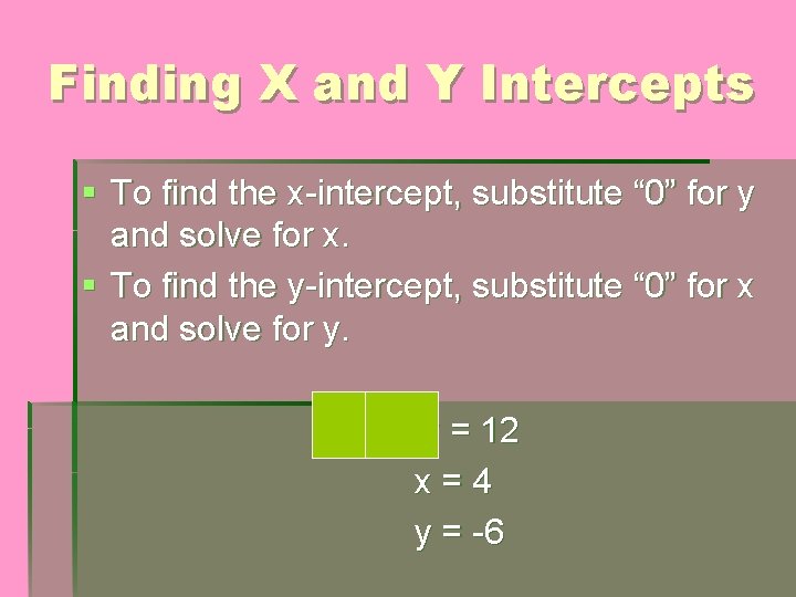 Finding X and Y Intercepts § To find the x-intercept, substitute “ 0” for