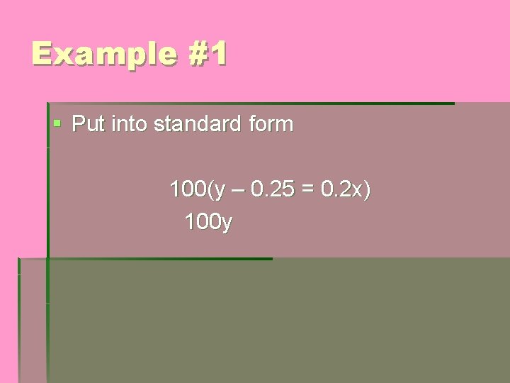 Example #1 § Put into standard form 100(y – 0. 25 = 0. 2