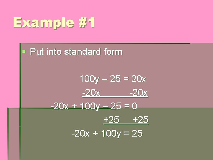 Example #1 § Put into standard form 100 y – 25 = 20 x