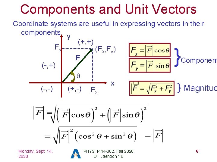 Components and Unit Vectors Coordinate systems are useful in expressing vectors in their components