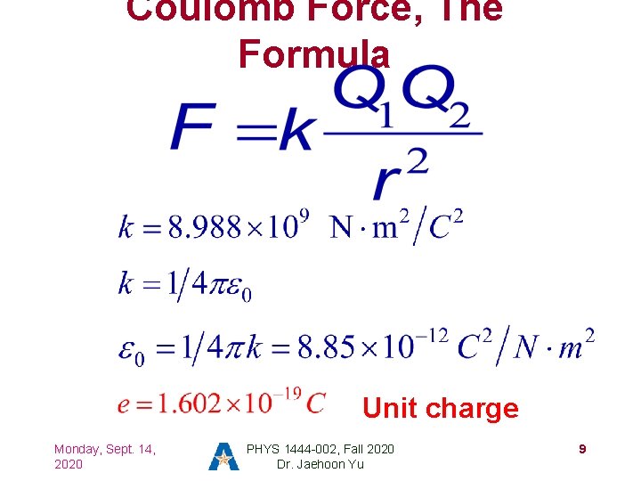 Coulomb Force, The Formula Unit charge Monday, Sept. 14, 2020 PHYS 1444 -002, Fall