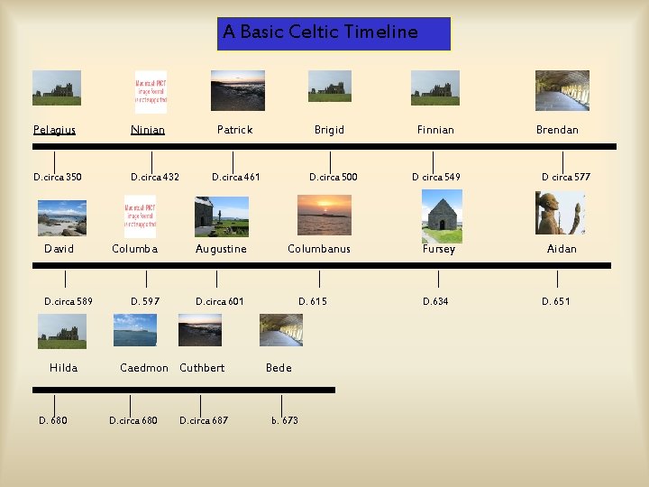 A Basic Celtic Timeline Pelagius Ninian D. circa 350 D. circa 432 David D.