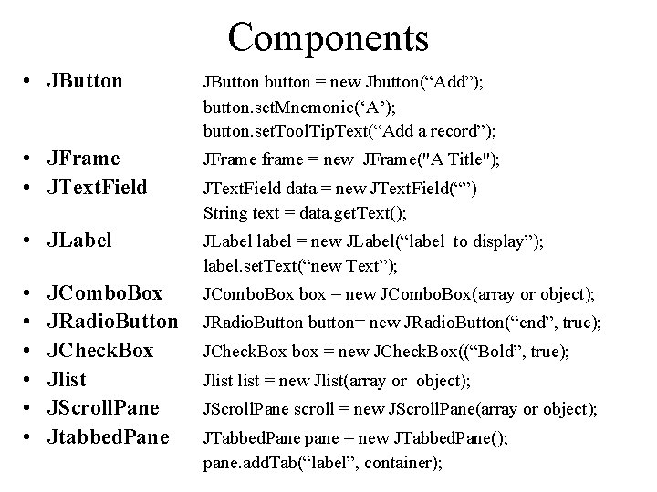 Components • JButton button = new Jbutton(“Add”); button. set. Mnemonic(‘A’); button. set. Tool. Tip. Components • JButton button = new Jbutton(“Add”); button. set. Mnemonic(‘A’); button. set. Tool. Tip.