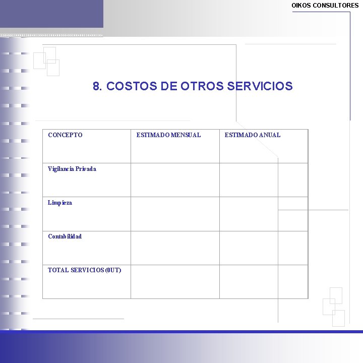 OIKOS CONSULTORES 8. COSTOS DE OTROS SERVICIOS CONCEPTO Vigilancia Privada Limpieza Contabilidad TOTAL SERVICIOS