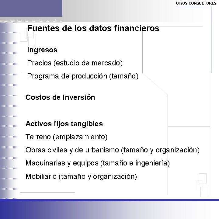OIKOS CONSULTORES Fuentes de los datos financieros Ingresos Precios (estudio de mercado) Programa de