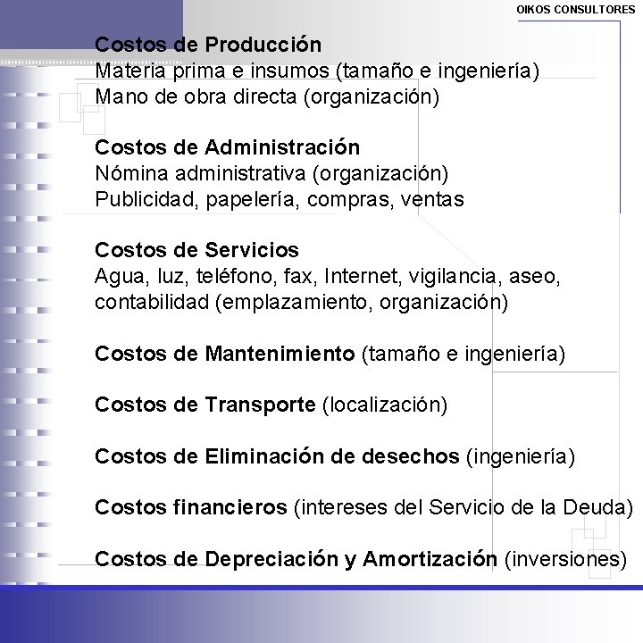 OIKOS CONSULTORES Costos de Producción Materia prima e insumos (tamaño e ingeniería) Mano de