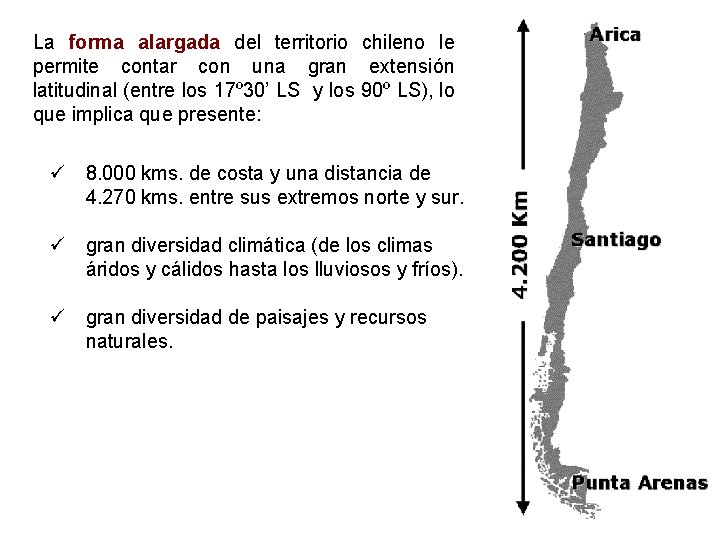 La forma alargada del territorio chileno le permite contar con una gran extensión latitudinal