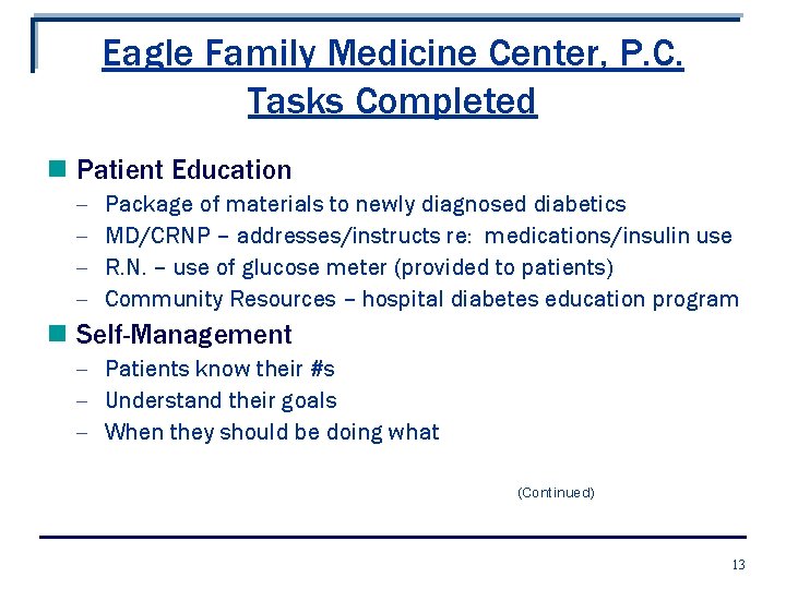 Eagle Family Medicine Center, P. C. Tasks Completed n Patient Education - Package of