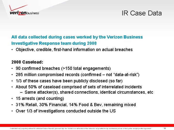 IR Case Data All data collected during cases worked by the Verizon Business Investigative