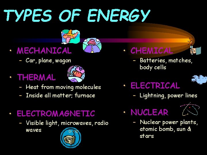 TYPES OF ENERGY • MECHANICAL – Car, plane, wagon • THERMAL – Heat from