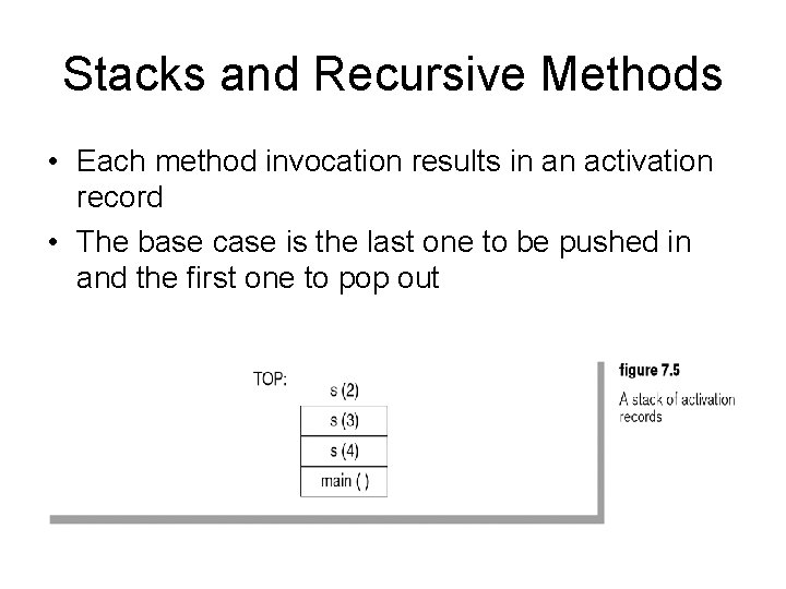 Stacks and Recursive Methods • Each method invocation results in an activation record •