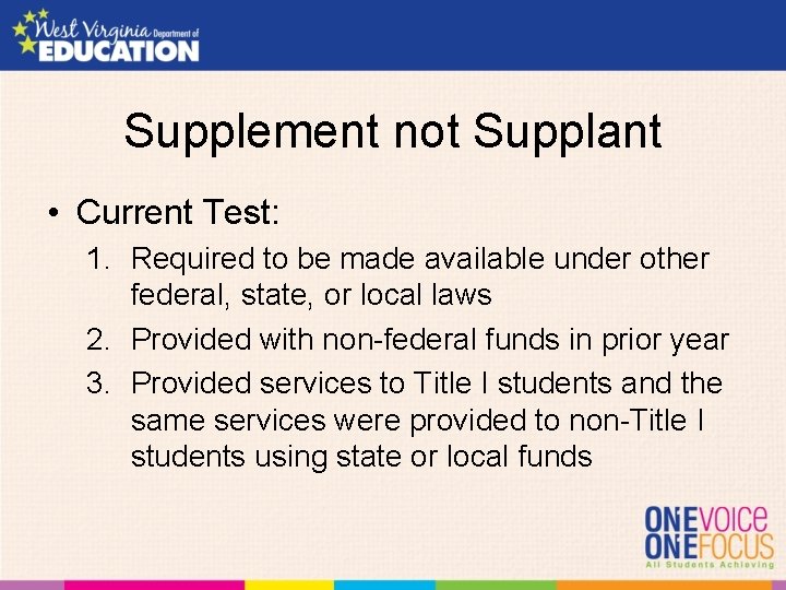Supplement not Supplant • Current Test: 1. Required to be made available under other