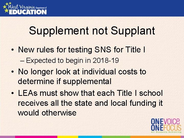 Supplement not Supplant • New rules for testing SNS for Title I – Expected