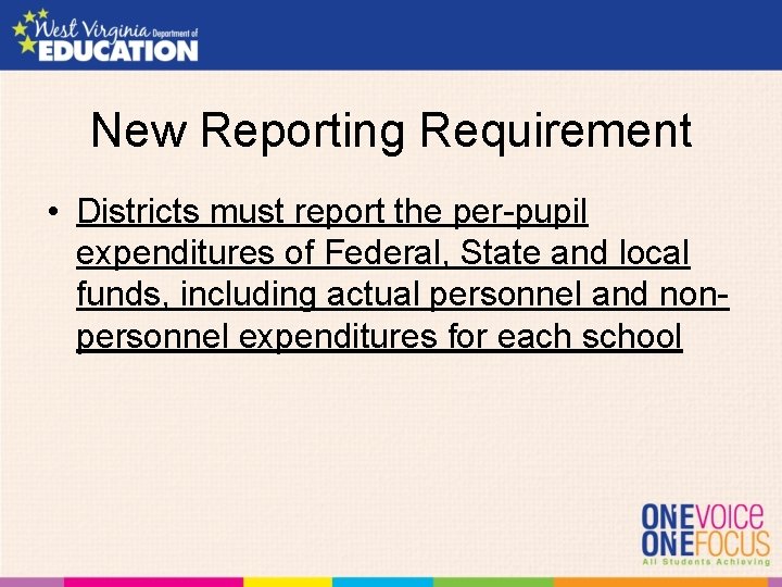 New Reporting Requirement • Districts must report the per-pupil expenditures of Federal, State and