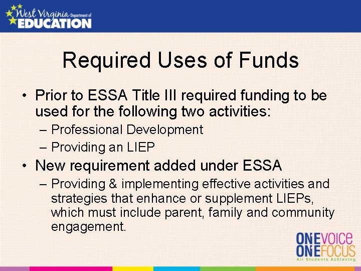 Required Uses of Funds • Prior to ESSA Title III required funding to be