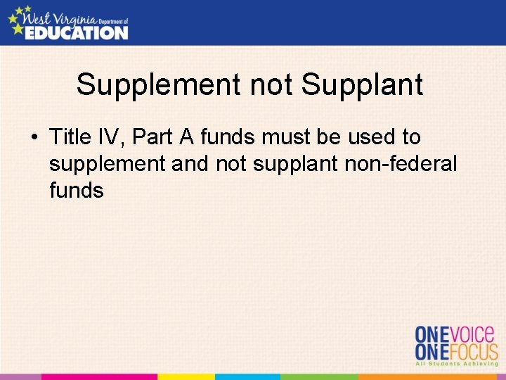 Supplement not Supplant • Title IV, Part A funds must be used to supplement