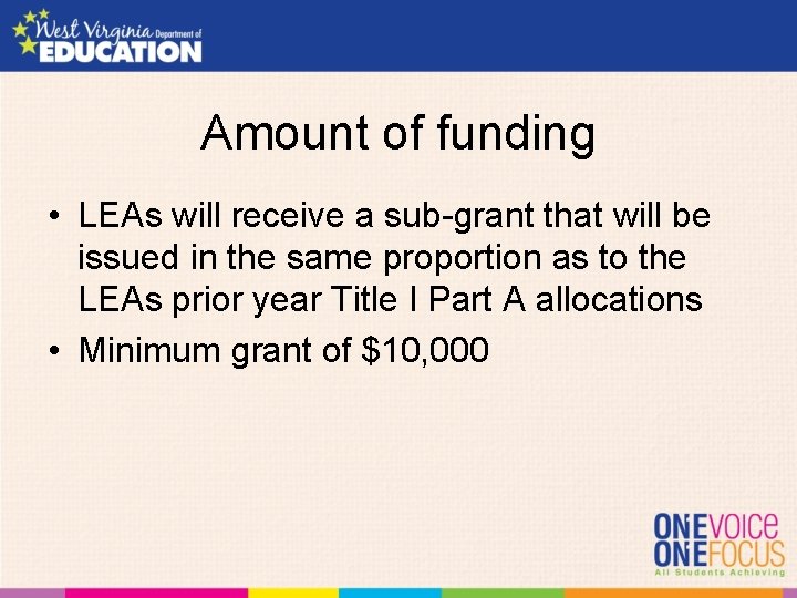 Amount of funding • LEAs will receive a sub-grant that will be issued in