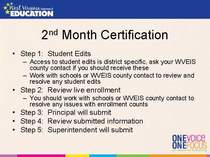 2 nd Month Certification • Step 1: Student Edits – Access to student edits