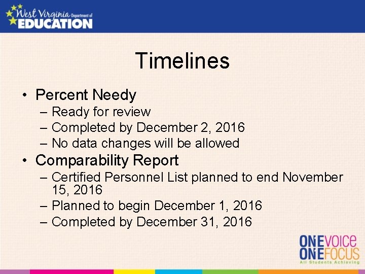 Timelines • Percent Needy – Ready for review – Completed by December 2, 2016