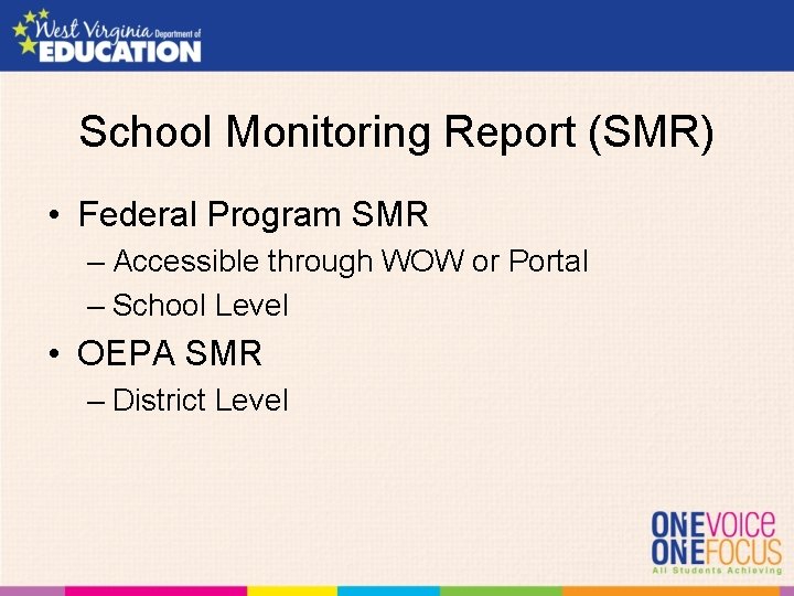 School Monitoring Report (SMR) • Federal Program SMR – Accessible through WOW or Portal