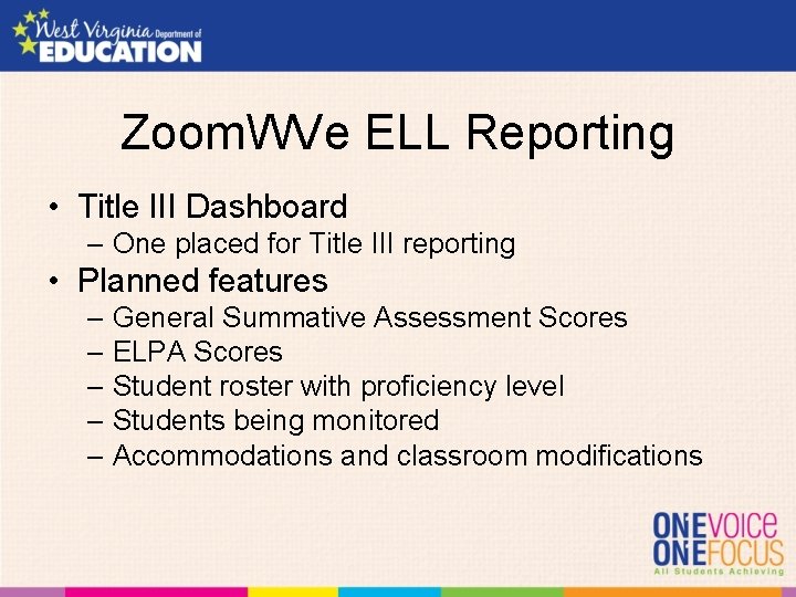 Zoom. WVe ELL Reporting • Title III Dashboard – One placed for Title III