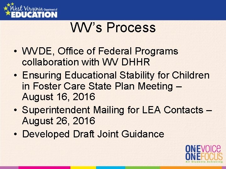 WV’s Process • WVDE, Office of Federal Programs collaboration with WV DHHR • Ensuring