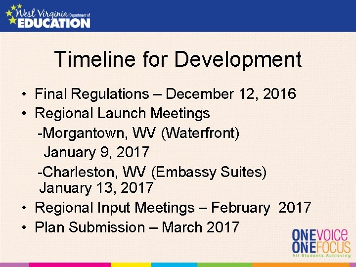 Timeline for Development • Final Regulations – December 12, 2016 • Regional Launch Meetings