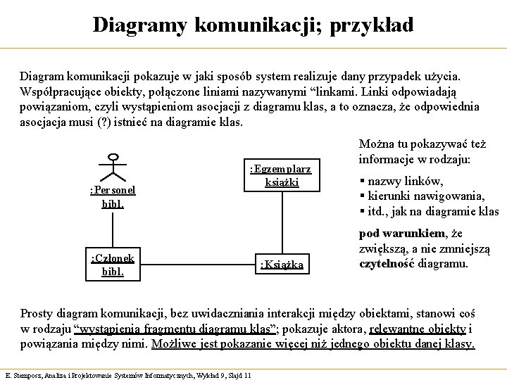 Diagramy komunikacji; przykład Diagram komunikacji pokazuje w jaki sposób system realizuje dany przypadek użycia.