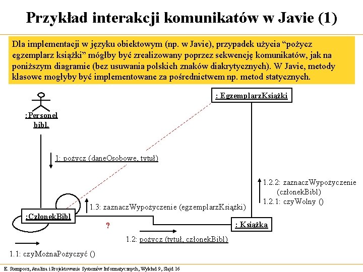 Przykład interakcji komunikatów w Javie (1) Dla implementacji w języku obiektowym (np. w Javie),