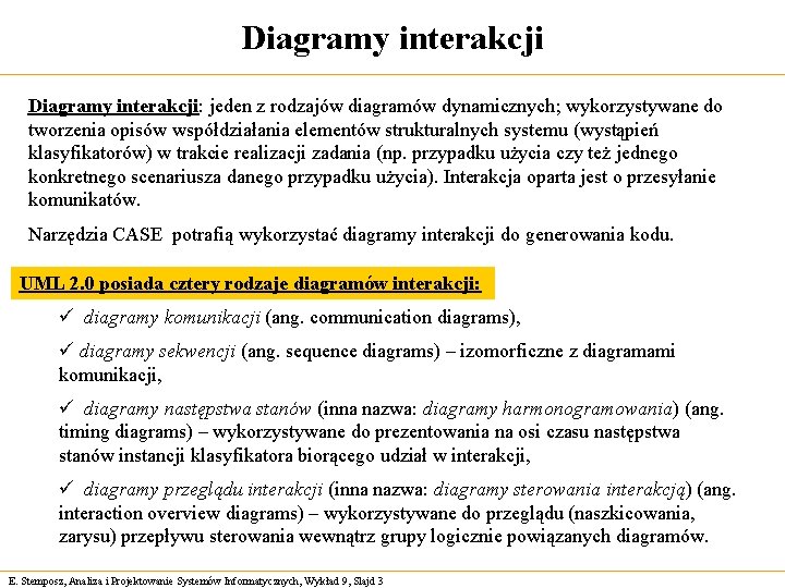 Diagramy interakcji: jeden z rodzajów diagramów dynamicznych; wykorzystywane do tworzenia opisów współdziałania elementów strukturalnych