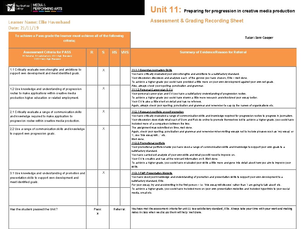 Unit 11 Preparing for progression in creative media