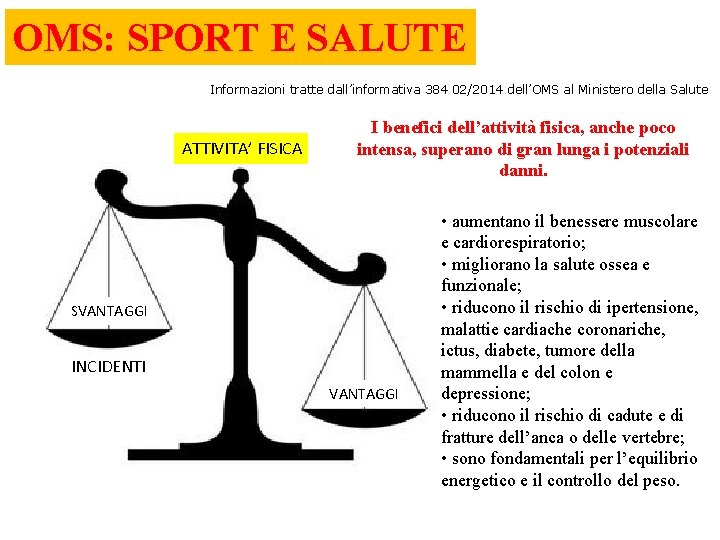 OMS: SPORT E SALUTE Informazioni tratte dall’informativa 384 02/2014 dell’OMS al Ministero della Salute