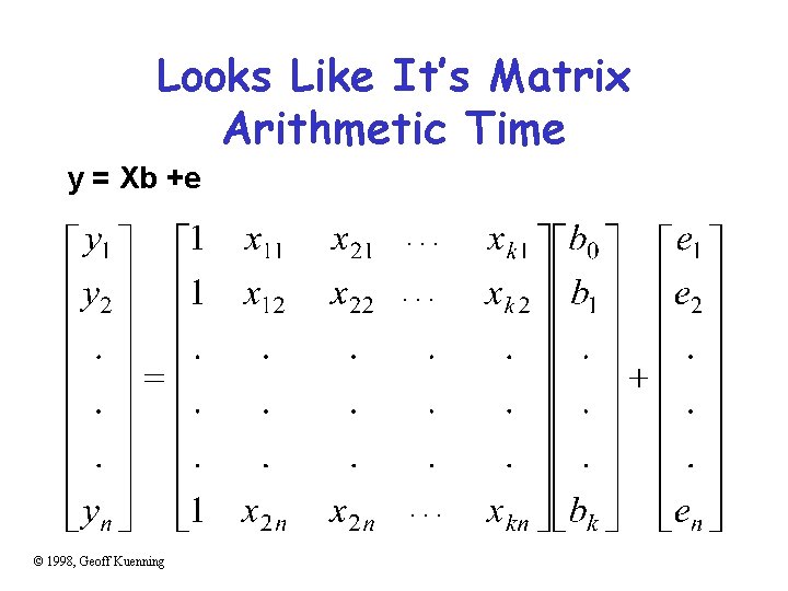 Looks Like It’s Matrix Arithmetic Time y = Xb +e. . © 1998, Geoff