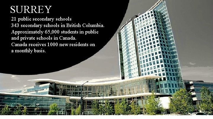 SURREY 21 public secondary schools 343 secondary schools in British Columbia. Approximately 65, 000