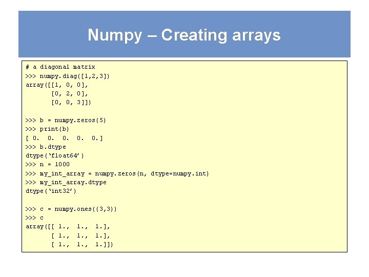Numpy – Creating arrays # a diagonal matrix >>> numpy. diag([1, 2, 3]) array([[1,