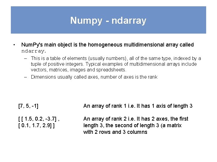 Numpy - ndarray • Num. Py's main object is the homogeneous multidimensional array called