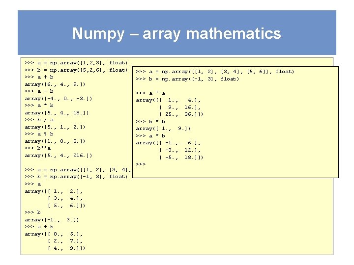 Numpy – array mathematics >>> a = np. array([1, 2, 3], float) >>> b