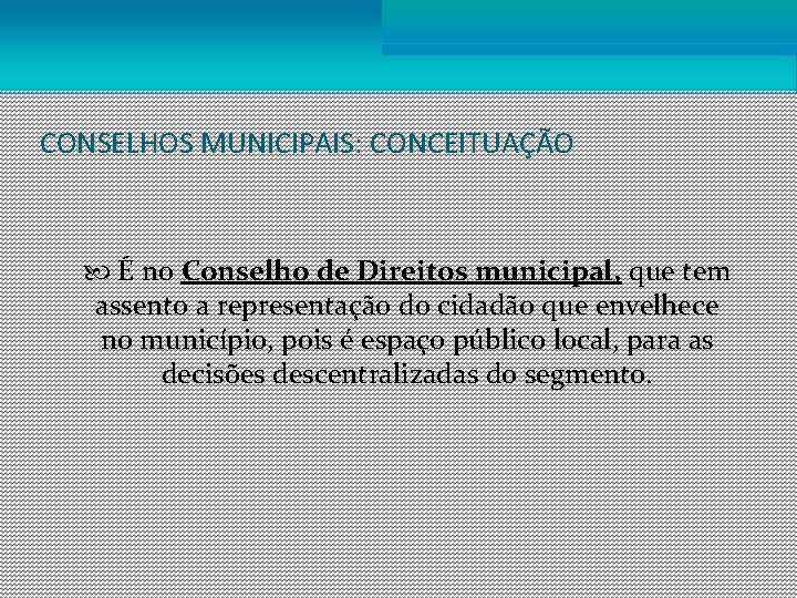 CONSELHOS MUNICIPAIS: CONCEITUAÇÃO É no Conselho de Direitos municipal, que tem assento a representação