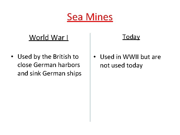 Sea Mines World War I • Used by the British to close German harbors