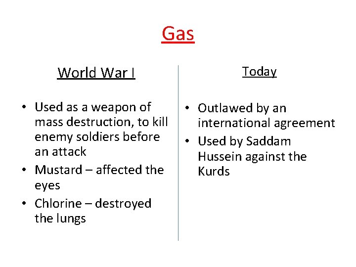 Gas World War I Today • Used as a weapon of mass destruction, to