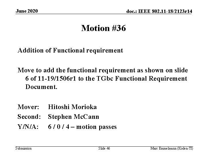 June 2020 doc. : IEEE 802. 11 -18/2123 r 14 Motion #36 Addition of
