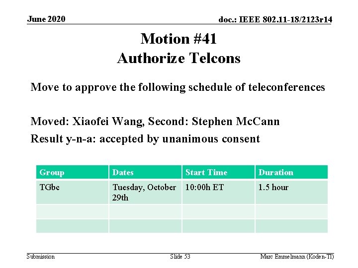 June 2020 doc. : IEEE 802. 11 -18/2123 r 14 Motion #41 Authorize Telcons